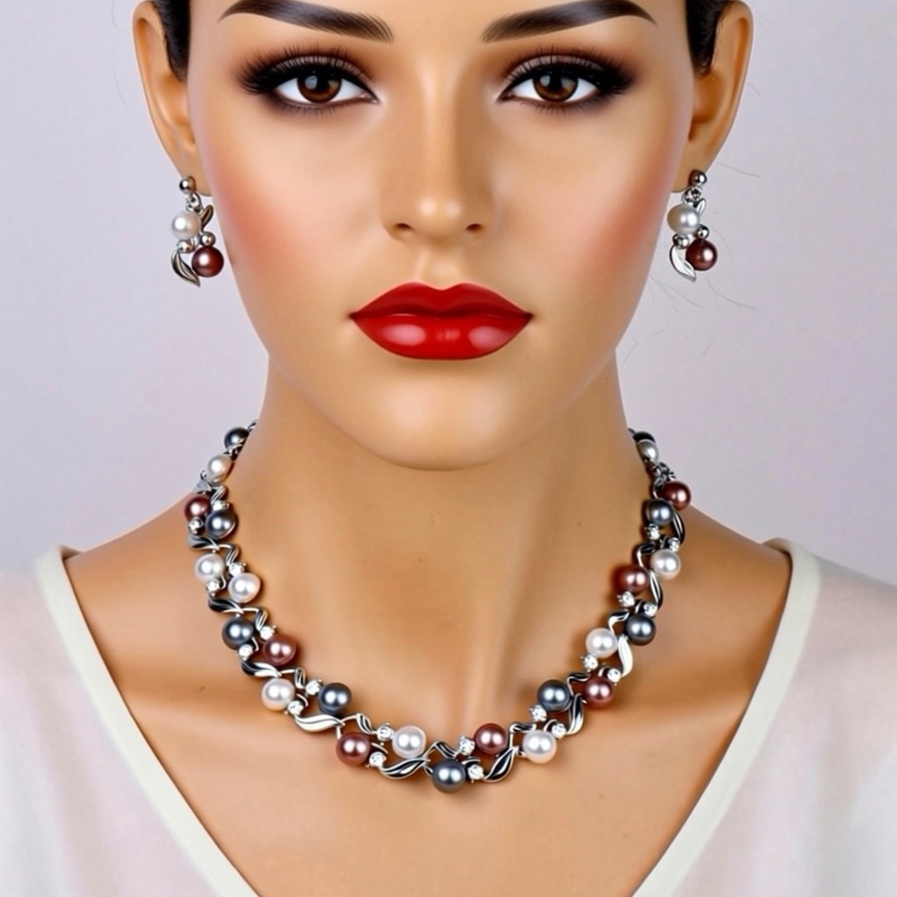 Elegant Silver and Pink color Imitation Pearl Necklace Set - Picture 3 of 3